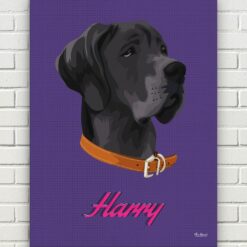 retro pet portrait illustrations dog deep purple front view white bricks