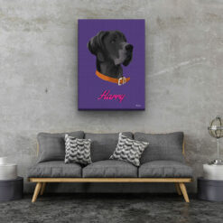 retro pet portrait illustrations dog deep purple living room