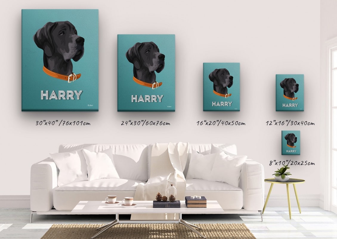 Custom Mid Century Retro Style Dog Portrait - Pet illustration from photo - Mint Art Deco Canvas 23 retro pet portrait illustrations dog mint art deco canvas size comparison