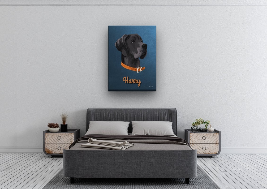 Custom Mid Century Retro Style Dog Portrait - Pet illustration from photo - Rustic Blue Canvas 24 retro pet portrait illustrations dog rustic blue bedroom