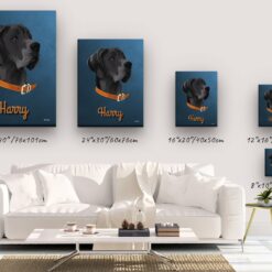 Custom Mid Century Retro Style Dog Portrait - Pet illustration from photo - Rustic Blue Canvas 14 retro pet portrait illustrations dog rustic blue canvas size comparison