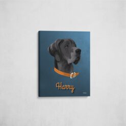 Custom Mid Century Retro Style Dog Portrait - Pet illustration from photo - Rustic Blue Canvas 16 retro pet portrait illustrations dog rustic blue front view angled wall