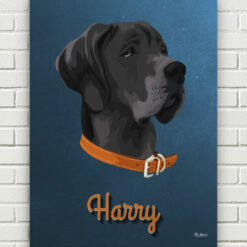 Custom Mid Century Retro Style Dog Portrait - Pet illustration from photo - Rustic Blue Canvas 17 retro pet portrait illustrations dog rustic blue front view white bricks