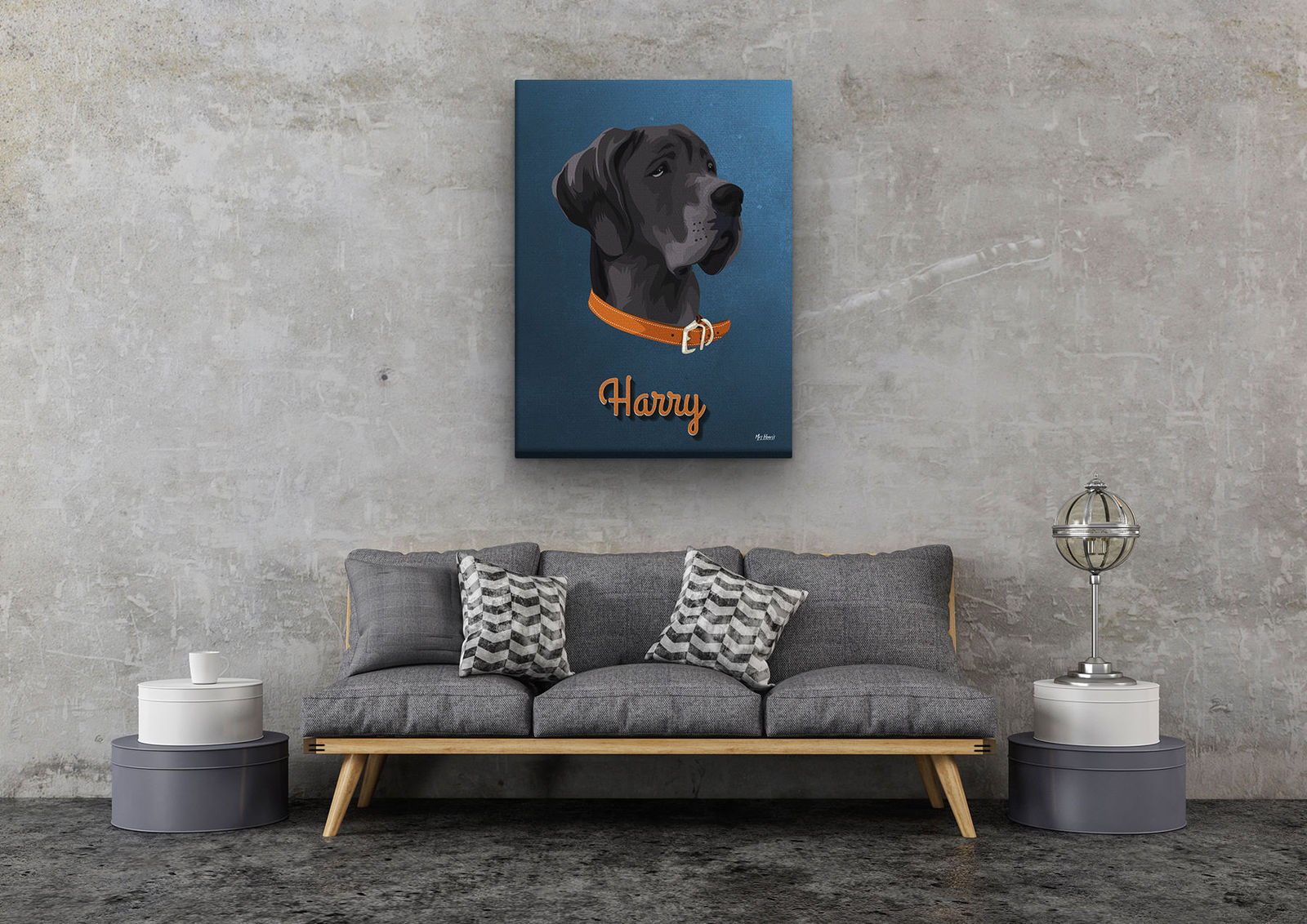 Custom Mid Century Retro Style Dog Portrait - Pet illustration from photo - Rustic Blue Canvas 11 Custom Mid Century Retro Style Dog Portrait - Pet illustration from photo - Rustic Blue Canvas - Image 9
