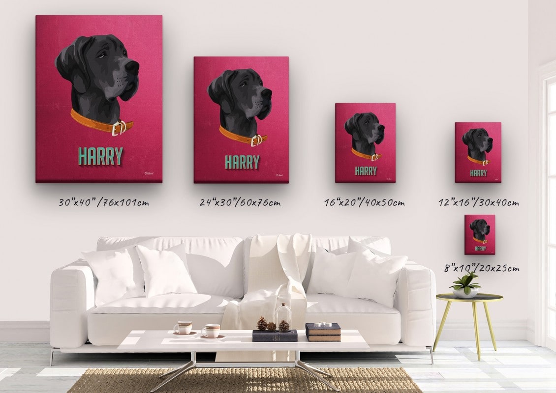 Custom Mid Century Retro Style Dog Portrait - Pet illustration from photo - Vintage Teal Canvas 23 retro pet portrait illustrations dog vintage teal canvas size comparison