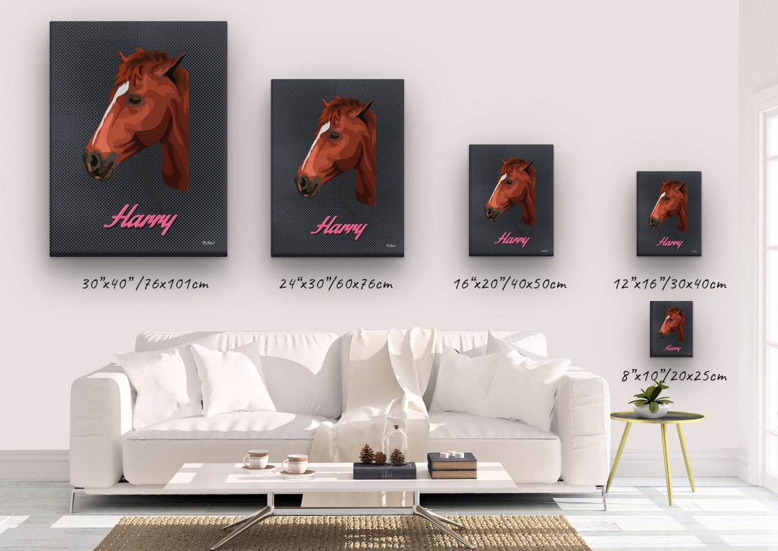 retro pet portrait illustrations horse bubblegum canvas size comparison