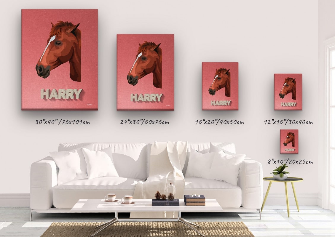 Custom Mid Century Retro Style Horse Portrait - Pet illustration from photo - Decking Canvas 23 retro pet portrait illustrations horse decking canvas size comparison