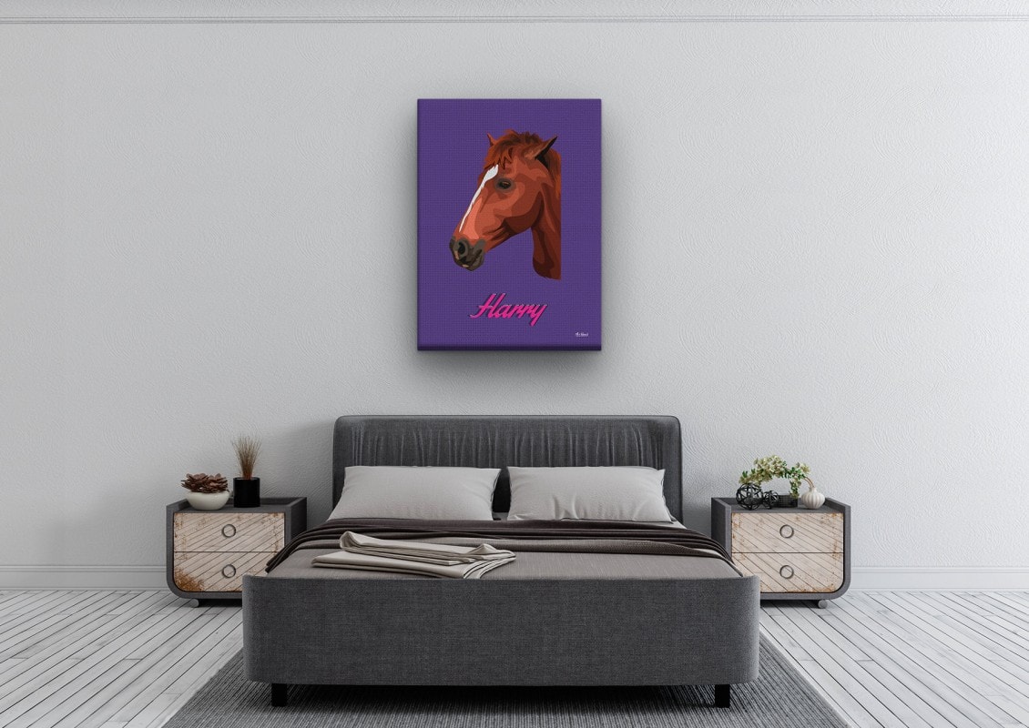 Custom Mid Century Retro Style Horse Portrait - Pet illustration from photo - Deep Purple Canvas 24 retro pet portrait illustrations horse deep purple bedroom