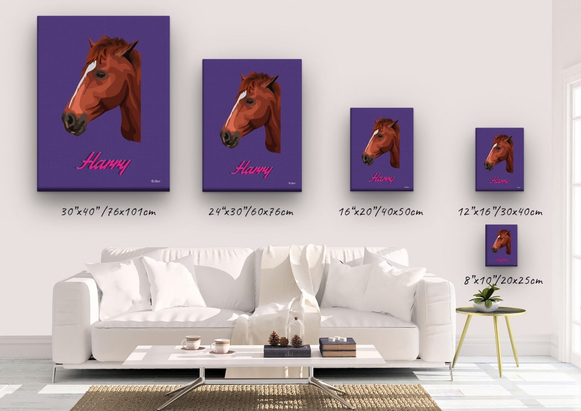Custom Mid Century Retro Style Horse Portrait - Pet illustration from photo - Deep Purple Canvas 23 retro pet portrait illustrations horse deep purple canvas size comparison