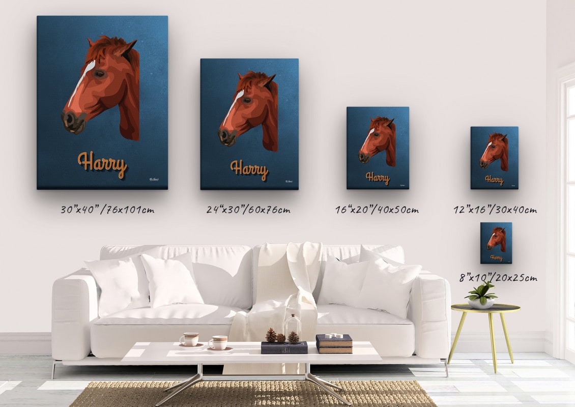 retro pet portrait illustrations horse rustic blue canvas size comparison