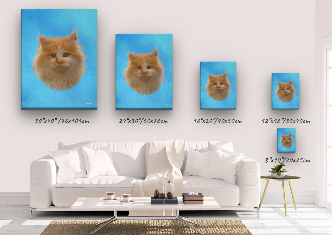 Classic Custom Cat Portrait - Blue pet portrait on canvas from photo 23 classic pet portraits cat blue studio painting canvas size comparison