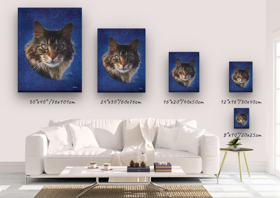 Classic Custom Cat Portrait - Night Sky pet portrait on canvas from photo 23 classic pet portraits cat night sky studio painting canvas size comparison