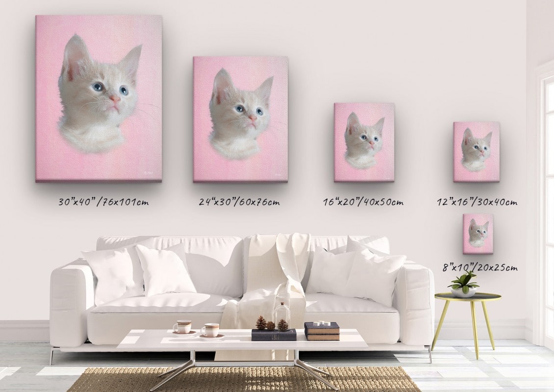 Classic Custom Cat Portrait - Pink pet portrait on canvas from photo 23 classic pet portraits cat pink studio painting canvas size comparison