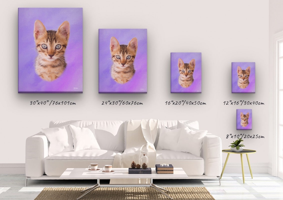 Classic Custom Cat Portrait - Purple pet portrait on canvas from photo 25 classic pet portraits cat purple studio painting canvas size comparison