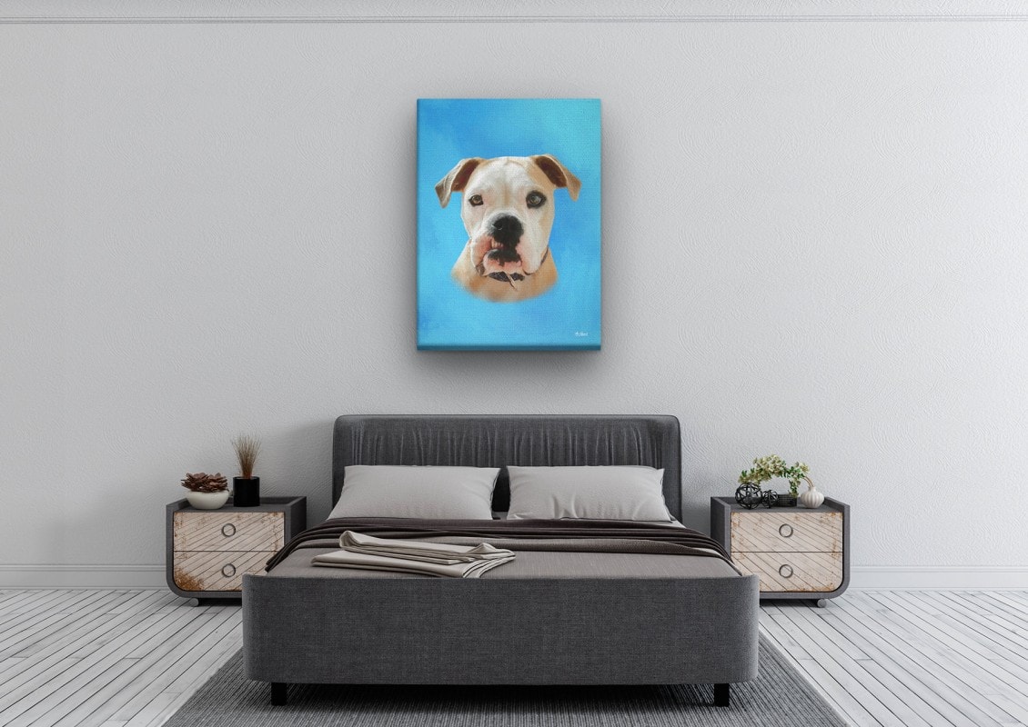Classic Custom Dog Portrait - Blue pet portrait on canvas from photo 24 classic pet portraits dog blue studio painting bedroom