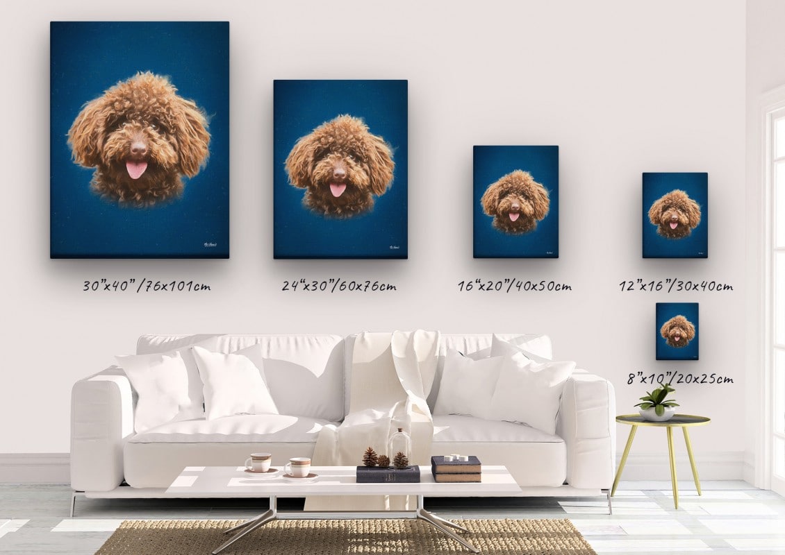 Classic Custom Dog Portrait - Dark Blue pet portrait on canvas from photo 22 classic pet portraits dog dark blue studio painting canvas size comparison