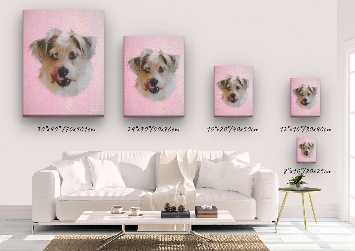 Classic Custom Dog Portrait - Pink pet portrait on canvas from photo 23 classic pet portraits dog pink studio painting canvas size comparison