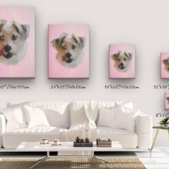 Classic Custom Dog Portrait - Pink pet portrait on canvas from photo 20 classic pet portraits dog pink studio painting canvas size comparison