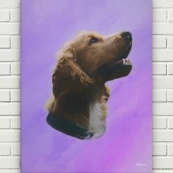 classic pet portraits dog purple studio painting front view white bricks