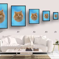 Blue Custom Classic Cat Portrait Painting - Framed & Un-framed Pet print from photo 13 classic pet portraits cat blue print size comparison