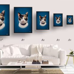 Dark Blue Custom Classic Cat Portrait Painting - Framed & Un-framed Pet print from photo 11 classic pet portraits cat dark blue print size comparison