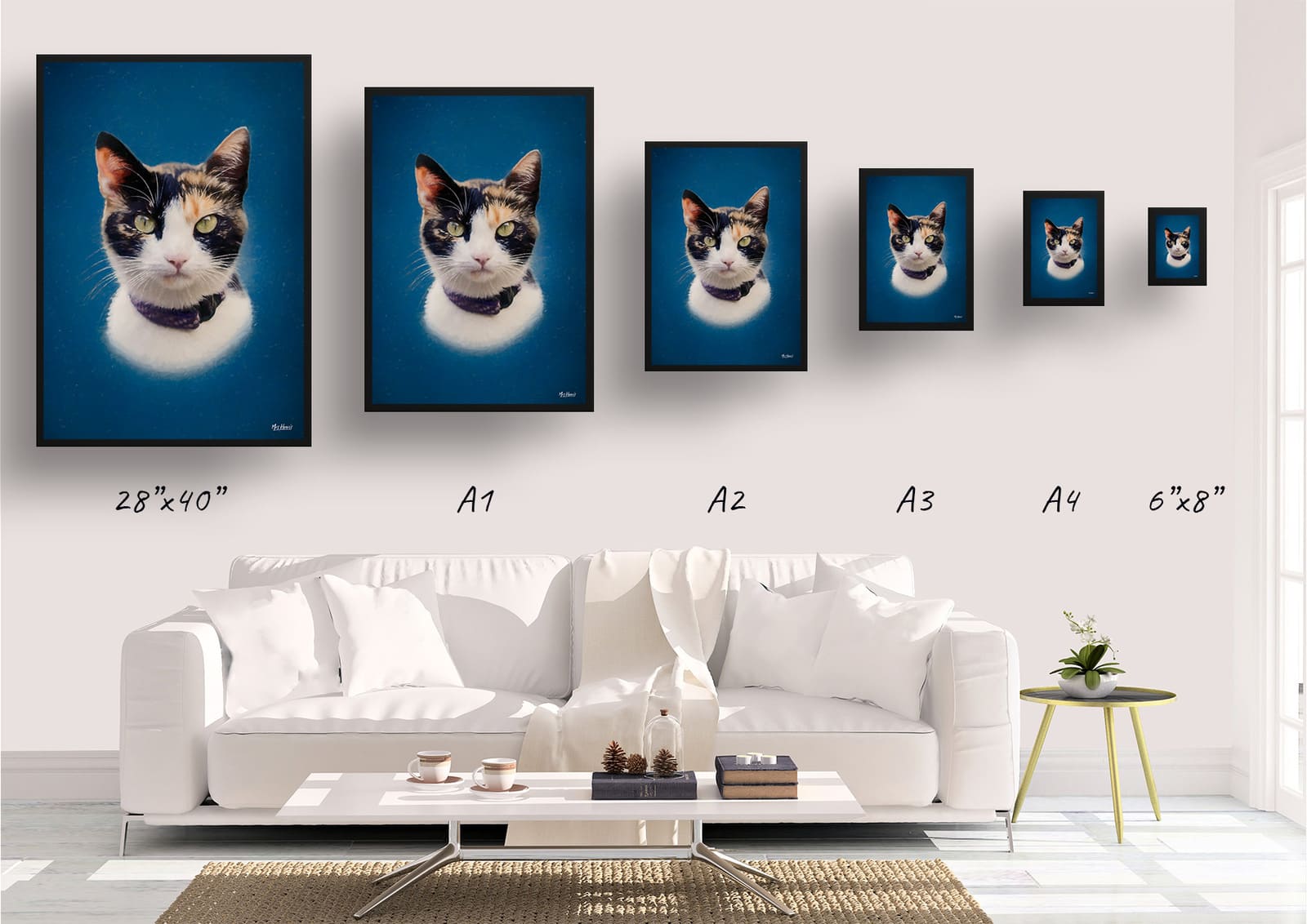 Dark Blue Custom Classic Cat Portrait Painting - Framed & Un-framed Pet print from photo 3 Dark Blue Custom Classic Cat Portrait Painting - Framed & Un-framed Pet print from photo - Image 2