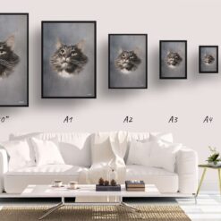 Grey Custom Classic Cat Portrait Painting - Framed & Un-framed Pet print from photo 12 classic pet portraits cat grey print size comparison