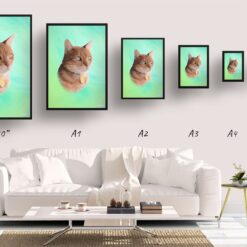 Lagoon Custom Classic Cat Portrait Painting - Framed & Un-framed Pet print from photo 13 classic pet portraits cat lagoon print size comparison