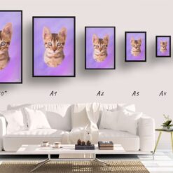 Purple Custom Classic Cat Portrait Painting - Framed & Un-framed Pet print from photo 13 classic pet portraits cat purple print size comparison