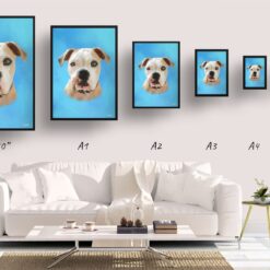 Blue Custom Classic Dog Portrait Painting - Framed & Un-framed Pet print from photo 13 classic pet portraits dog blue print size comparison
