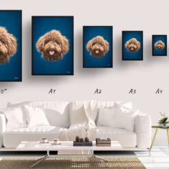Dark Blue Custom Classic Dog Portrait Painting - Framed & Un-framed Pet print from photo 11 classic pet portraits dog dark blue print size comparison