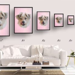 Pink Custom Classic Dog Portrait Painting - Framed & Un-framed Pet print from photo 13 classic pet portraits dog pink print size comparison