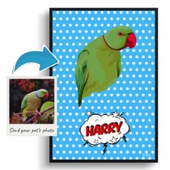 Blue dots Custom Pop Art Style Bird Portrait - Framed & Un-framed Pet illustration print from photo 12 photo to pop art bird portrait print blue dots