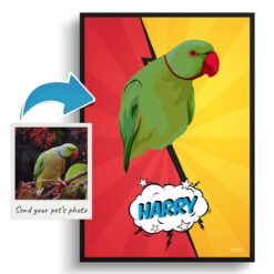Red yellow split Custom Pop Art Style Bird Portrait - Framed & Un-framed Pet illustration print from photo 12 photo to pop art bird portrait print red yellow split