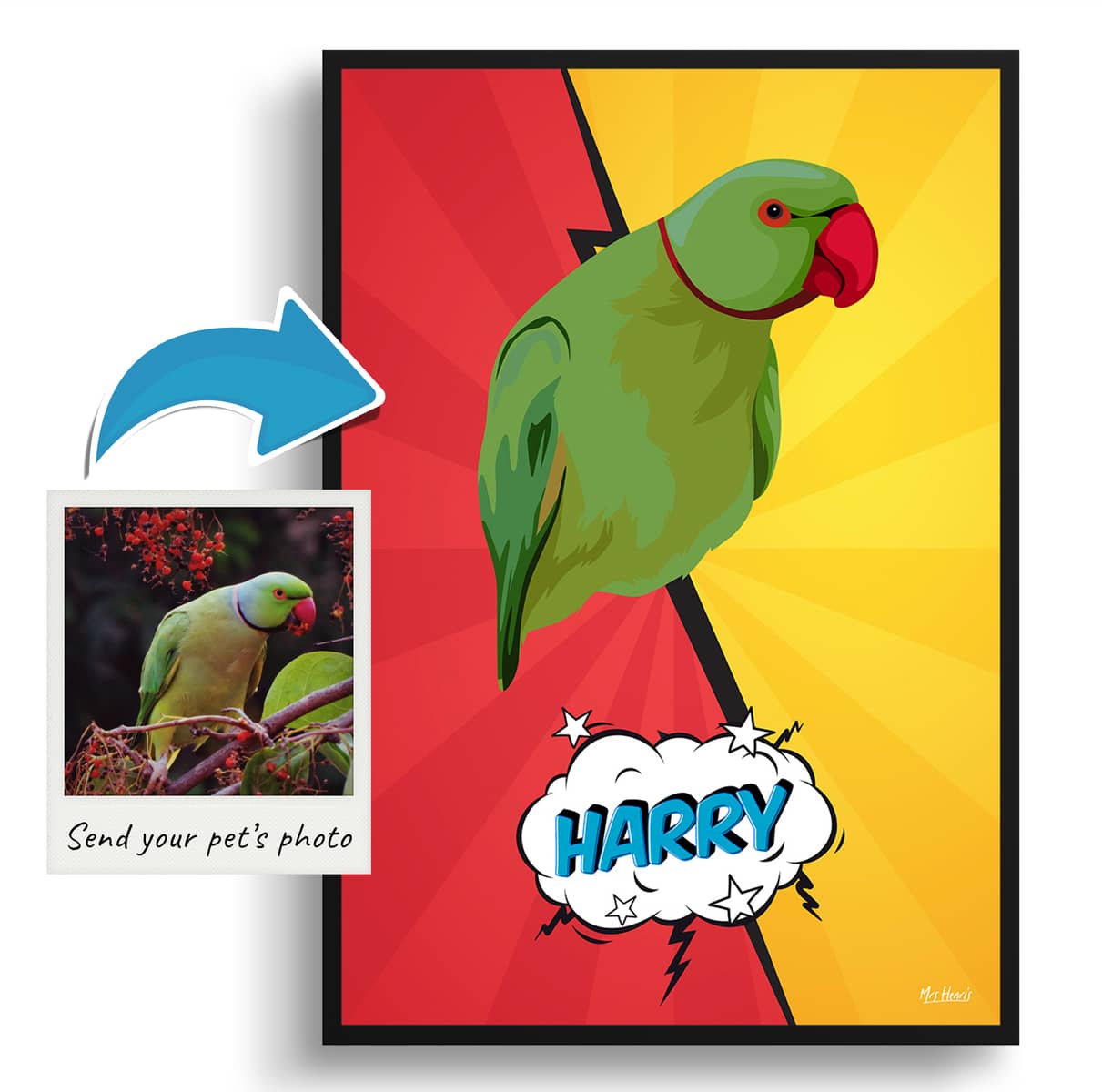 Red yellow split Custom Pop Art Style Bird Portrait - Framed & Un-framed Pet illustration print from photo 4 Red yellow split Custom Pop Art Style Bird Portrait - Framed & Un-framed Pet illustration print from photo - Image 2