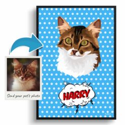Blue dots Custom Pop Art Style Cat Portrait - Framed & Un-framed Pet illustration print from photo 12 photo to pop art cat portrait print blue dots