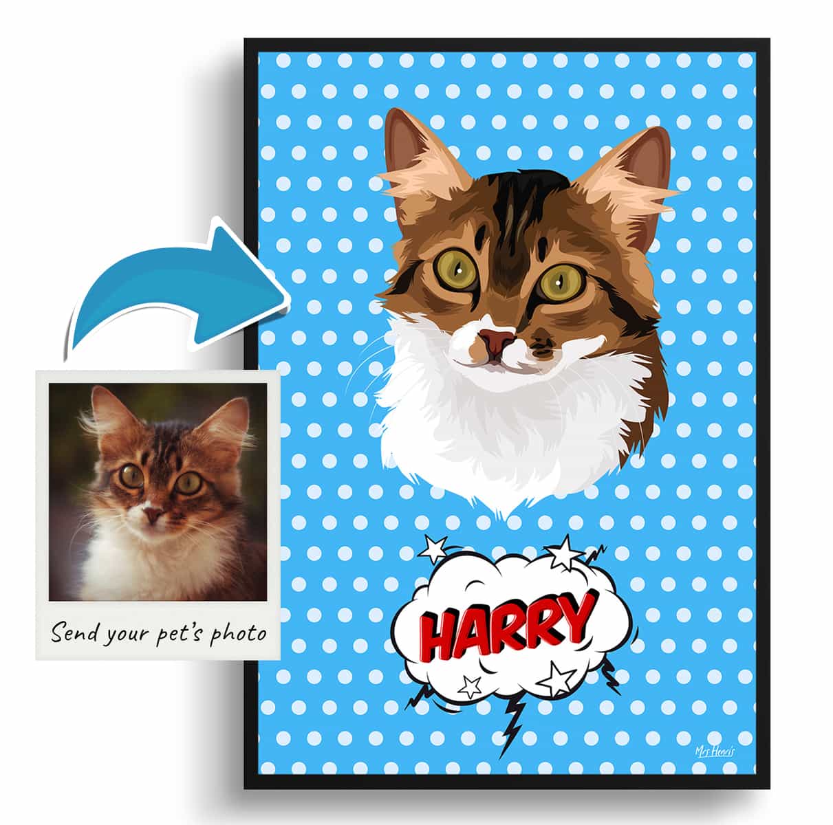 Blue dots Custom Pop Art Style Cat Portrait - Framed & Un-framed Pet illustration print from photo 4 Blue dots Custom Pop Art Style Cat Portrait - Framed & Un-framed Pet illustration print from photo - Image 2
