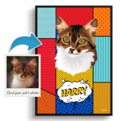 Patchwork Custom Pop Art Style Cat Portrait - Framed & Un-framed Pet illustration print from photo 12 photo to pop art cat portrait print patchwork