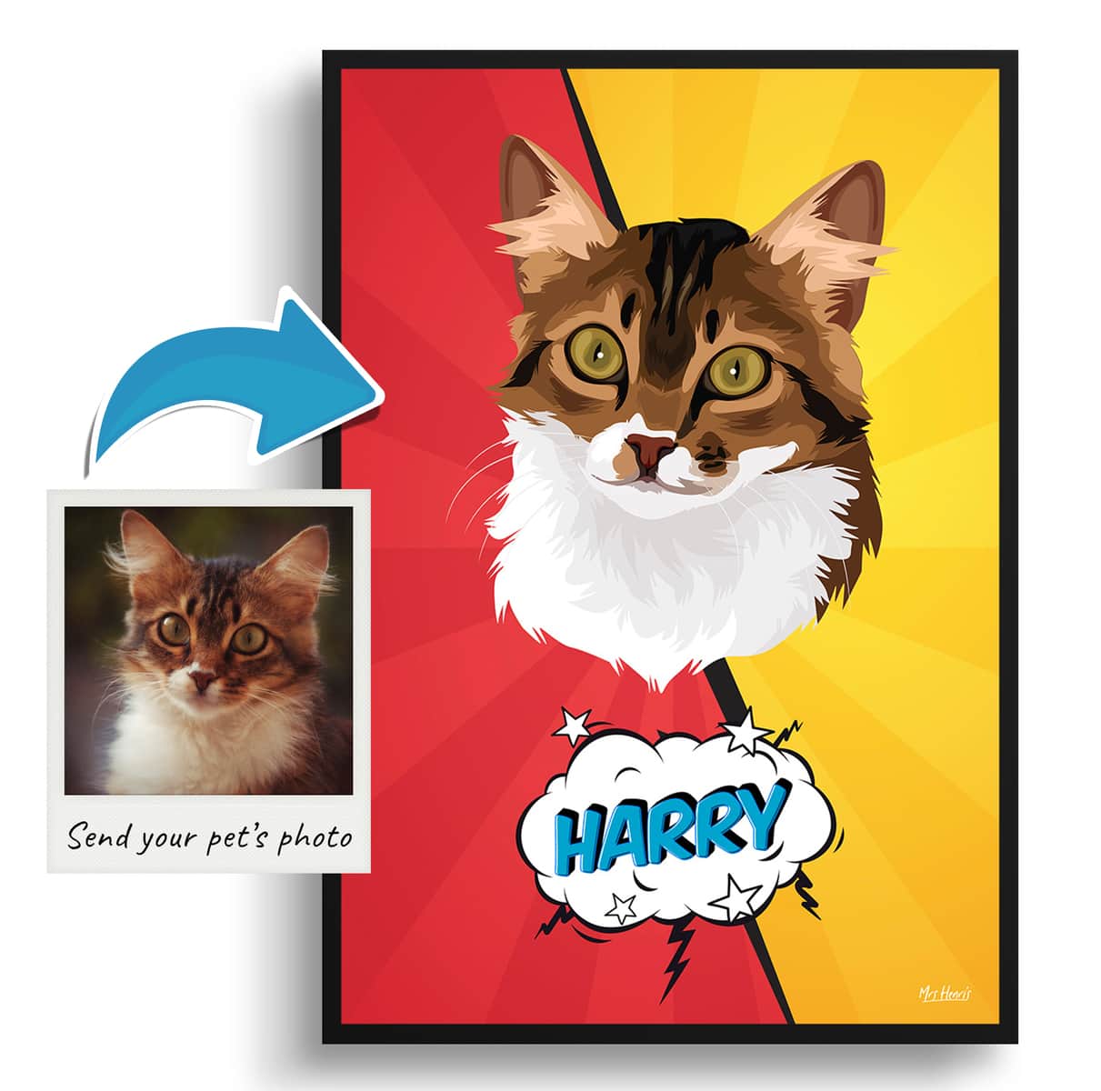Red yellow split Custom Pop Art Style Cat Portrait - Framed & Un-framed Pet illustration print from photo 4 Red yellow split Custom Pop Art Style Cat Portrait - Framed & Un-framed Pet illustration print from photo - Image 2
