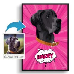 Pink splash Custom Pop Art Style Dog Portrait - Framed & Un-framed Pet illustration print from photo 11 photo to pop art dog portrait print pink splash