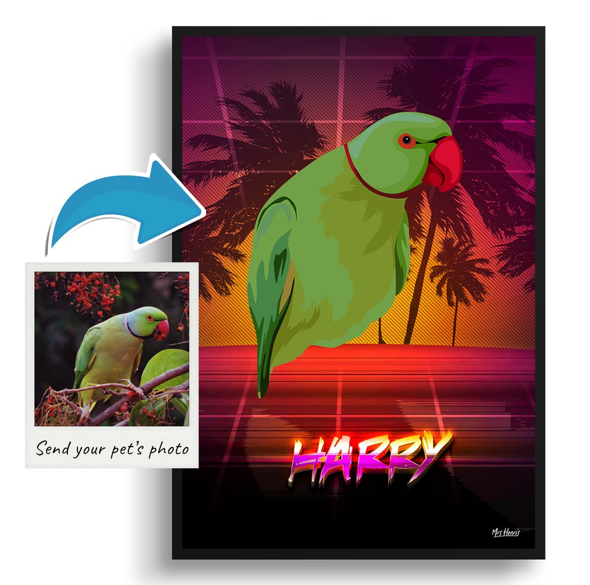 California Custom Retro Arcade Style Bird Portrait - Framed & Un-framed Pet illustration print from photo 3 California Custom Retro Arcade Style Bird Portrait - Framed & Un-framed Pet illustration print from photo - Image 2