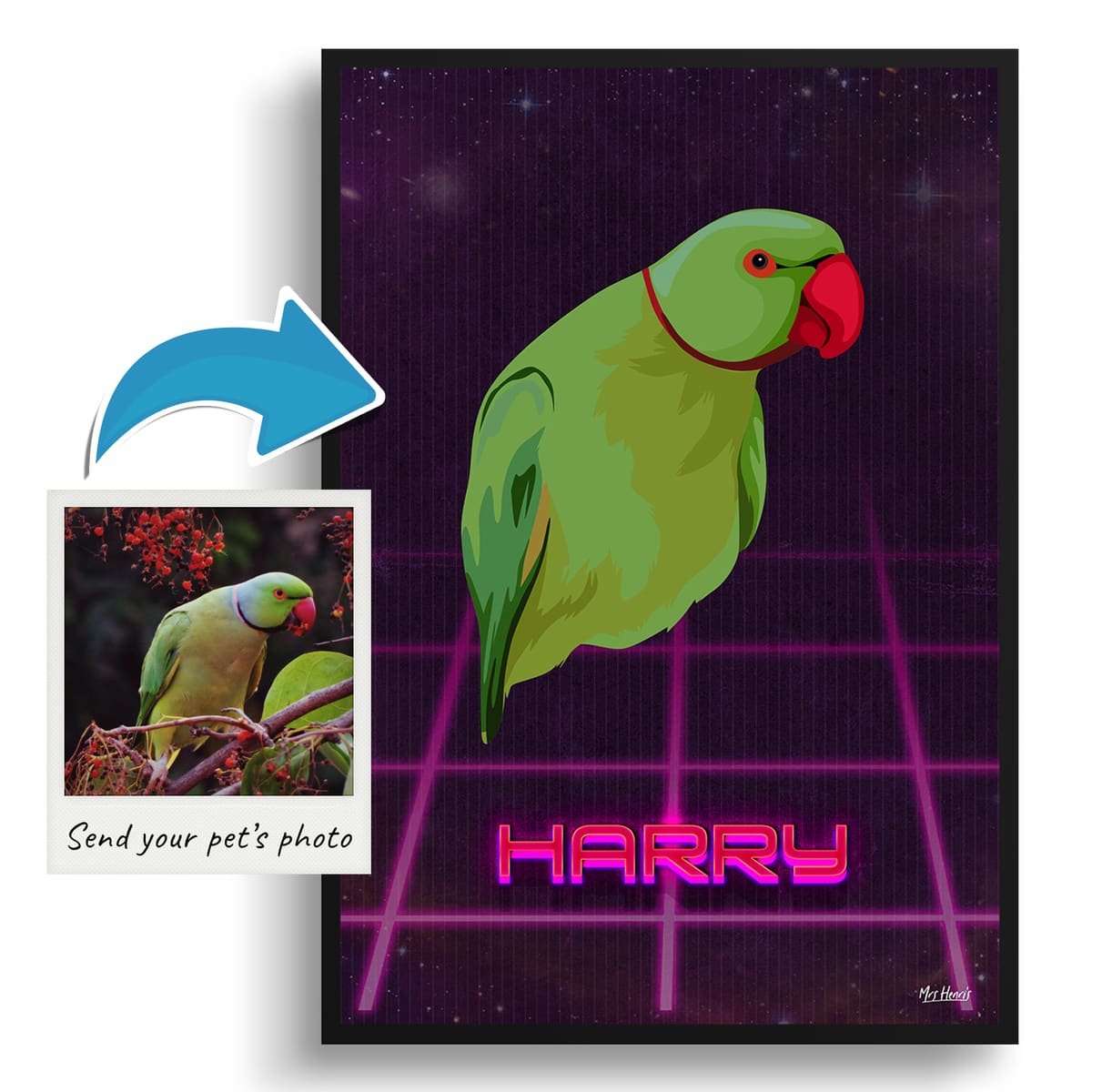 Invaders Custom Retro Arcade Style Bird Portrait - Framed & Un-framed Pet illustration print from photo 3 Invaders Custom Retro Arcade Style Bird Portrait - Framed & Un-framed Pet illustration print from photo - Image 2