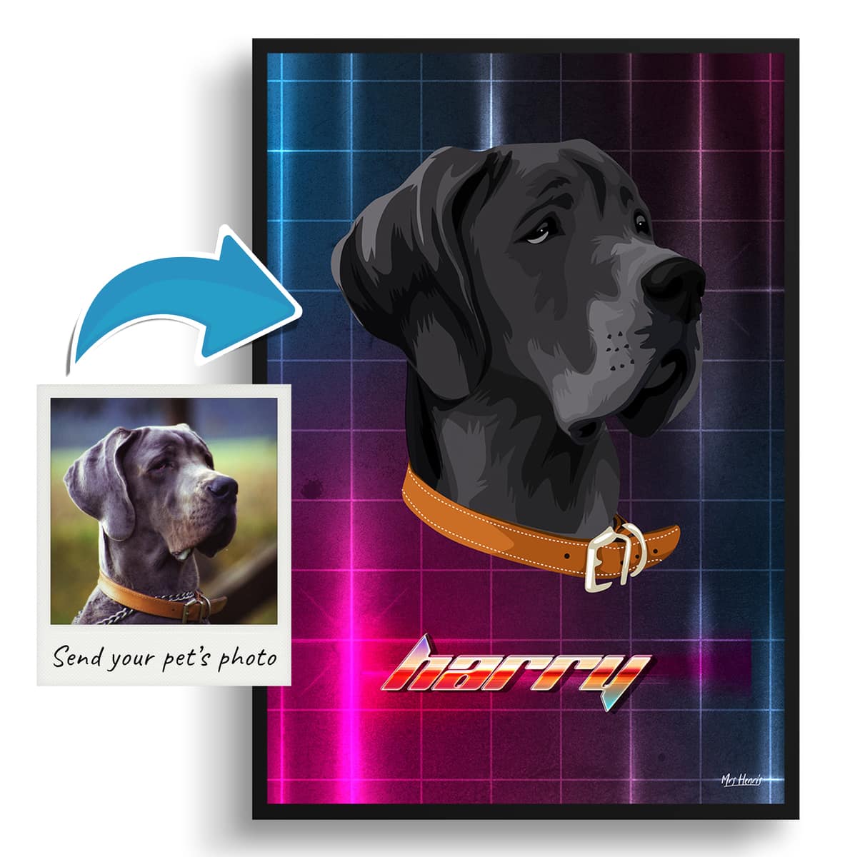 Hyperspeed Custom Retro Arcade Style Dog Portrait - Framed & Un-framed Pet illustration print from photo 4 Hyperspeed Custom Retro Arcade Style Dog Portrait - Framed & Un-framed Pet illustration print from photo - Image 2