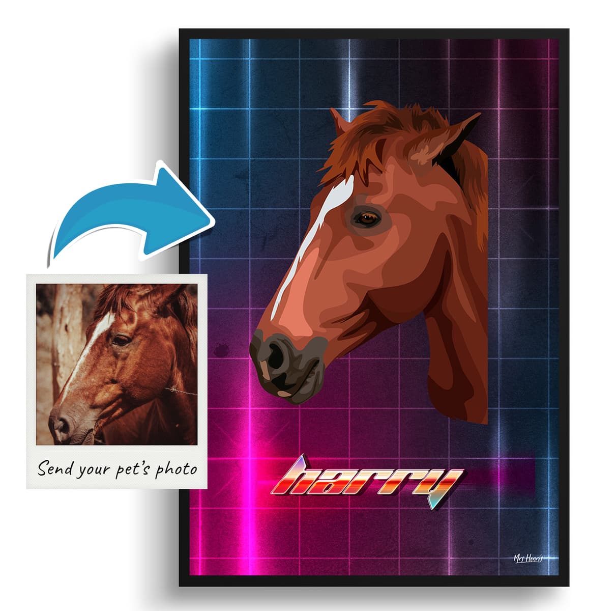 Hyperspeed Custom Retro Arcade Style Horse Portrait - Framed & Un-framed Pet illustration print from photo 4 Hyperspeed Custom Retro Arcade Style Horse Portrait - Framed & Un-framed Pet illustration print from photo - Image 2