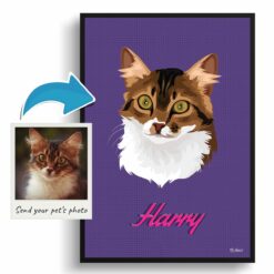 Deep Purple Custom Mid Century Retro Cat Portrait - Framed & Un-framed Pet illustration print from photo 12 photo to retro cat portrait print deep purple