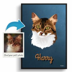 Rustic Blue Custom Mid Century Retro Cat Portrait - Framed & Un-framed Pet illustration print from photo 19 photo to retro cat portrait print rustic blue