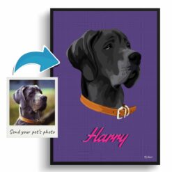 Deep Purple Custom Mid Century Retro Dog Portrait - Framed & Un-framed Pet illustration print from photo 12 photo to retro dog portrait print deep purple
