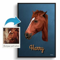 Rustic Blue Custom Mid Century Retro Horse Portrait - Framed & Un-framed Pet illustration print from photo 12 photo to retro horse portrait print rustic blue