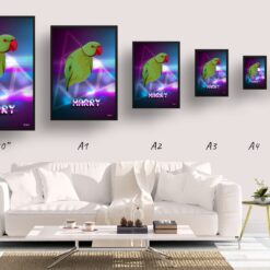 retro arcade pet portrait bird fever print size comparison