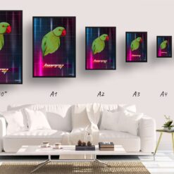 Hyperspeed Custom Retro Arcade Style Bird Portrait - Framed & Un-framed Pet illustration print from photo 19 retro arcade pet portrait bird hyperspeed print size comparison
